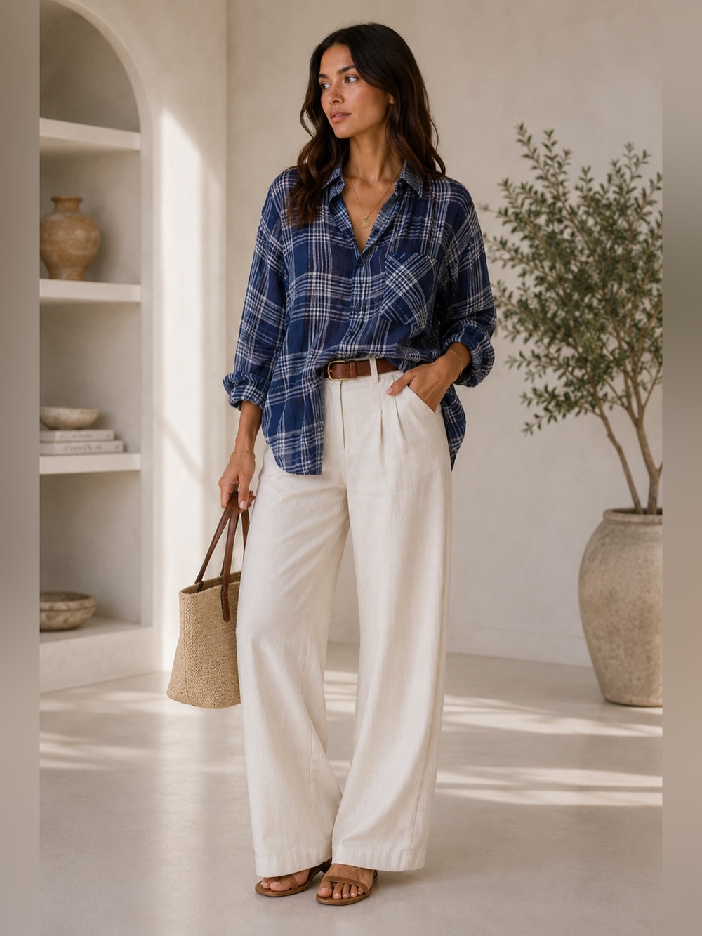 590. Classic Cotton Plaid Shirt in Navy blue
